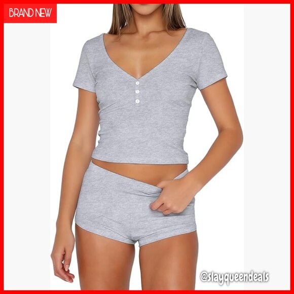 Women's Ribbed Knit Pajama Set Button Down Top Shorts Sleepwear